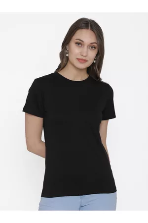 DOOR74 Women Black Cotton T-shirt