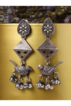 Veni Women Silver-Plated Oxidised Contemporary Drop Earrings