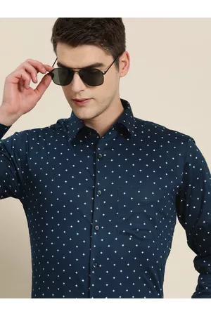 HANCOCK Men Navy Blue Slim Fit Printed Satin Party Shirt