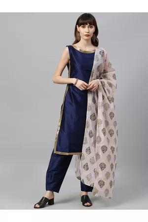 Ethnovog Women Navy Blue Solid Sequinned Made to Measure Kurta Set