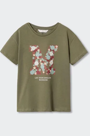MANGO Girls Floral Printed Applique Sustainable Pure Cotton T-shirt
