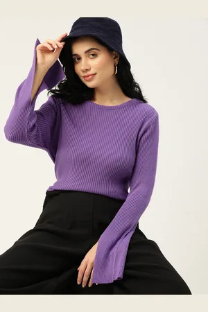 DressBerry Women Purple Solid Acrylic Slit Sleeves Pullover