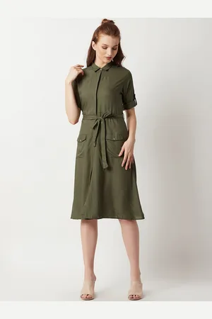 Miss Chase Women Olive Green Solid Shirt Dress