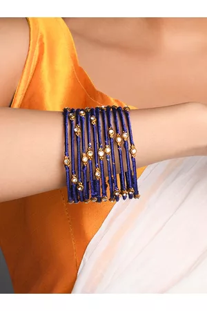 Fida Set Of 12 Gold-Plated White Stone-Studded Navy Blue Threaded Bangles