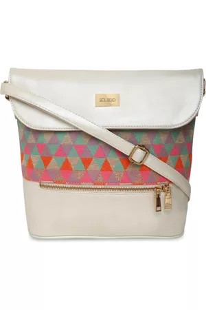 KLEIO Women White & Orange Jacquard & PU Coated Sling Bag