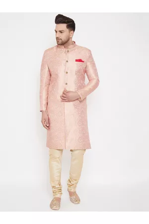 Vastramay Men Pink & Gold-Coloured Slim Fit Brocade Woven Design Sherwani Set