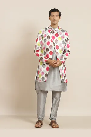 SOJANYA Men Grey & White Solid Kurta with Churidar & Floral Printed Jacket