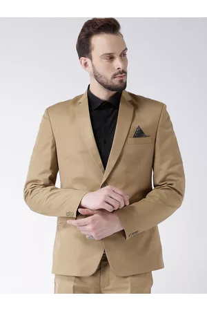 Hangup Men Khaki Solid Linen Single Breasted Blazer