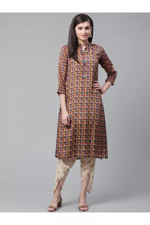Chhabra 555 Women Blue & Beige Printed Thread Work Pure Cotton Kurta with Dhoti Pants