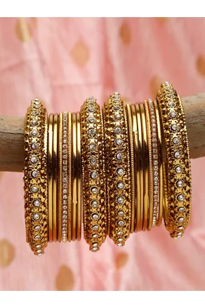 Shining Diva Set Of 18 Gold Plated Gold Crystal Studded Bangle Set