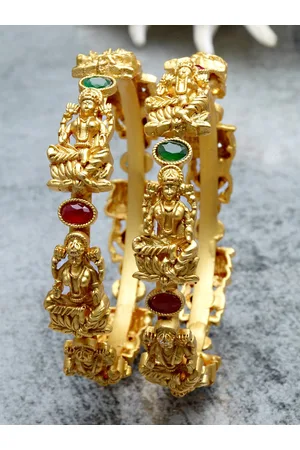 karatcart Women Set Of 2 Gold Plated Red & Green Kundan Studded Mata Laxmi Rajwadi Temple Bangle