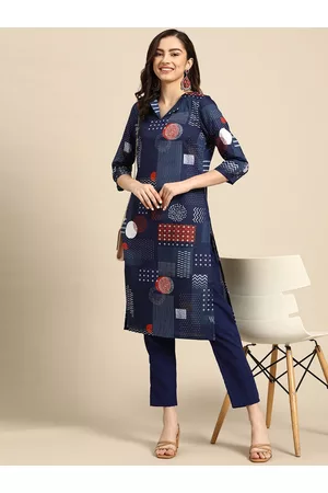 Sangria Women Navy Blue Printed Kurta with Trousers