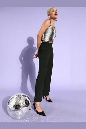 ATHENA Grey Sequin Crop Top with Black Bootleg Trousers Co-ord Set