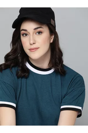 HARVARD Women Teal Blue Solid Round Neck T-shirt