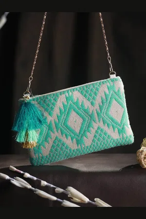 Priyaasi Sea Green Printed Structured Sling Bag with Tasselled