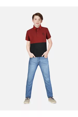 Gini and Jony Boys Red & Black Colourblocked Polo Collar Cotton T-shirt