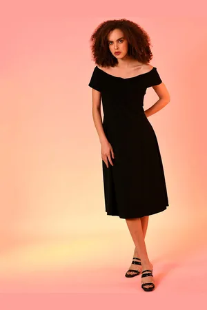 Campus Black Off-Shoulder Crepe A-Line Dress