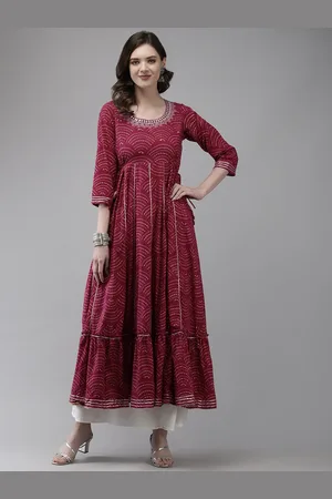 Ishin Women Pink Bandhani Embroidered Block Print Anarkali Kurta