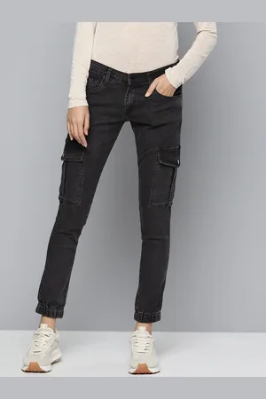 HERE&NOW Women Slim Fit Stretchable Cargo Jeans with Cuffed Hems