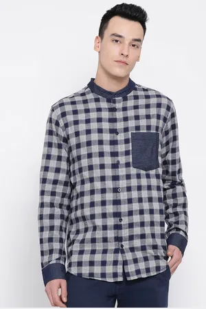 Oxolloxo Men Navy Blue & Grey Regular Fit Checked Casual Shirt