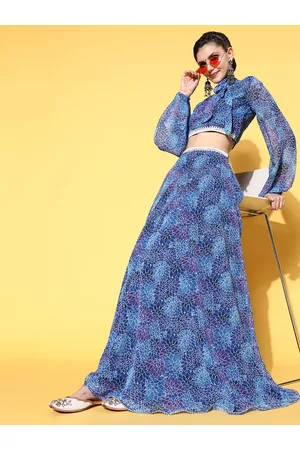 Inddus Women Blue Printed Top with Skirt