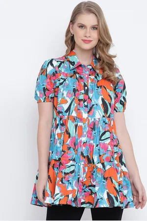 Oxolloxo Women Blue & Pink Shirt Collar Printed Tunic
