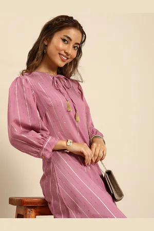 Sangria Women Tie-Up Neck Jacquard Sequinned Chanderi Silk Kurta