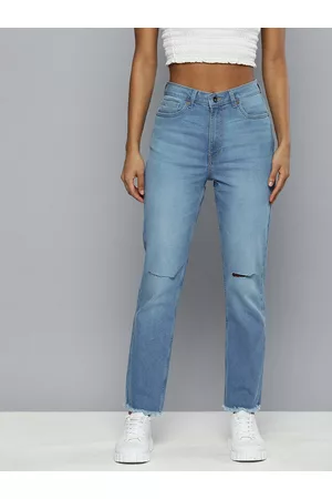 Flying Machine Women Straight Fit High-Rise Slash Knee Light Fade Stretchable Jeans