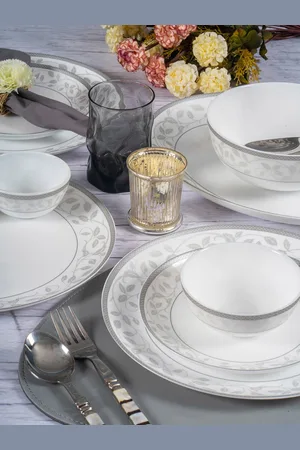 Cello Set Of 27 White & Grey Floral Printed Opalware Glossy Dinner Set