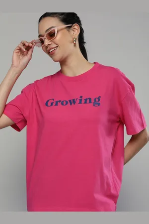 HERE&NOW Women Fuchsia Pink Typography Drop-Shoulder Sleeves Loose Fit Cotton T-shirt