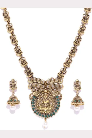 Zaveri Pearls Antique Gold-Toned Goddess Lakshmi-Textured Stone-Studded Jewellery Set