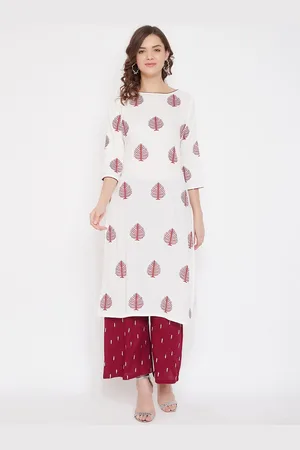 Bitterlime Women White & Maroon Floral Printed Kurta with Palazzos