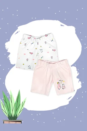 MeeMee Unisex Kids Pack of 2 Pink And White Printed Regular Fit Regular Shorts