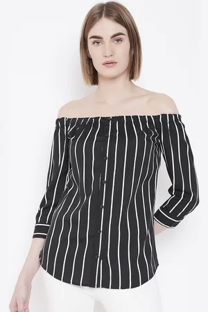 Deewa Women Black & White Striped Bardot Top