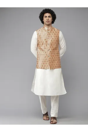 See Designs Men White & Golden Solid Pure Silk Kurta with Pyjamas & Nehru Jacket