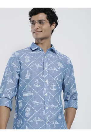 NAUTICA Men Printed Casual White, Blue Shirt - Buy NAUTICA Men