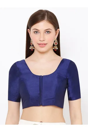 SALWAR STUDIO Women Navy Blue Solid Readymade Mulberry Silk Saree Blouse