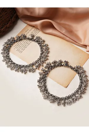 TEEJH Set Of 2 Oxidised Silver-Plated Ghungroo Anklets
