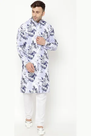 Hangup Men White & Blue Floral Printed Kurta with Pyjamas