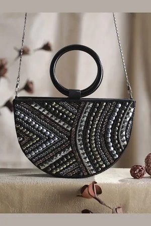 Priyaasi Black Textured Structured Handheld Bag