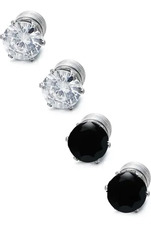 OOMPH Men Set Of 2 Black & White Cubic Zirconia Magnetic Non-Piercing Studs Earrings