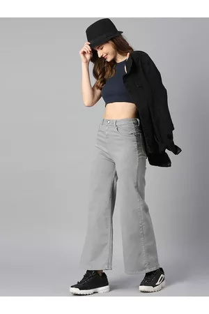 High Star Women Grey Wide Leg High-Rise Stretchable Cotton Jeans