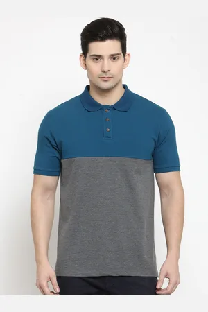 Kalt Men Teal Blue & Grey Colourblocked Polo Collar T-shirt