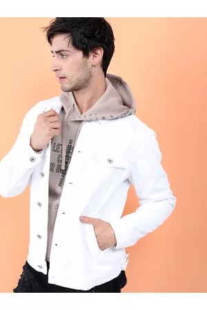 LocoMotive Men White Solid Denim Trucker Jacket