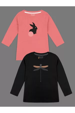 HELLCAT Girls Pack Of 2 Coral & Black Printed Bio Finish T-shirt