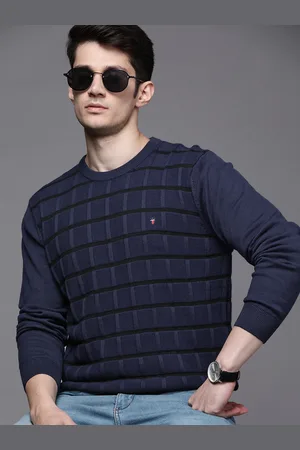 Louis Philippe Men Navy Blue Pure Cotton Self-Checked Pullover
