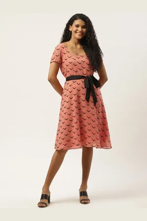 Deewa Women Peach-Coloured & Black Printed A-Line Dress with Belt