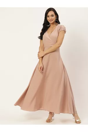 Deewa Women Peach-Coloured Solid Crepe Puff Sleeves Maxi Dress