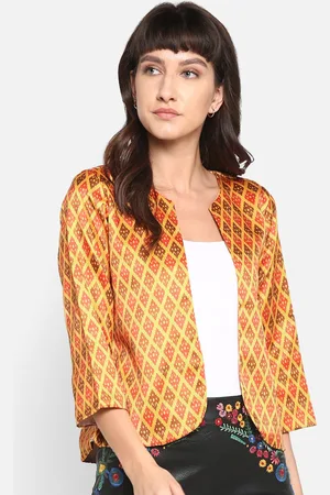 Hangup Women Mustard Yellow & Red Printed Lightweight Jacquard Open Front Jacket
