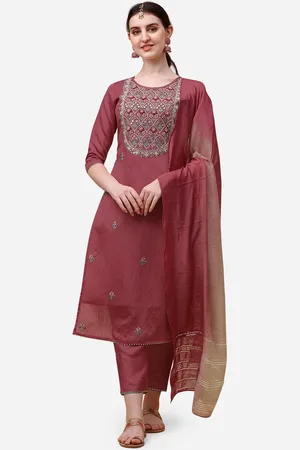 Berrylicious Women Floral Embroidered Chanderi Cotton Kurta with Trousers & Dupatta